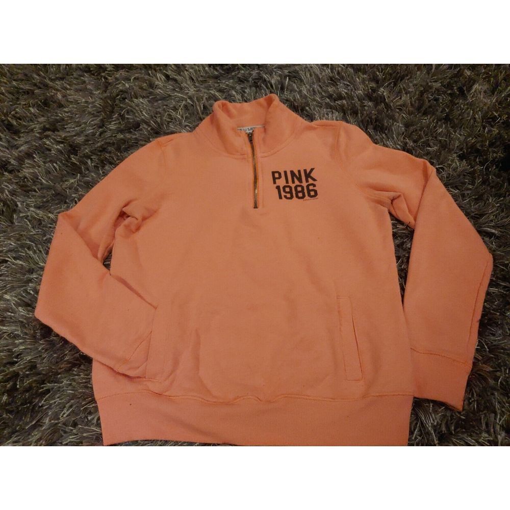 Victorias Secret‎ PINK Quarter Zip Pullover Sweatshirt Coral Peach XS 1986 Logo